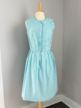 Vintage 60s 70s Gingham Cotton Dress Aqua Blue Cottagecore Midi Deedee Decatur